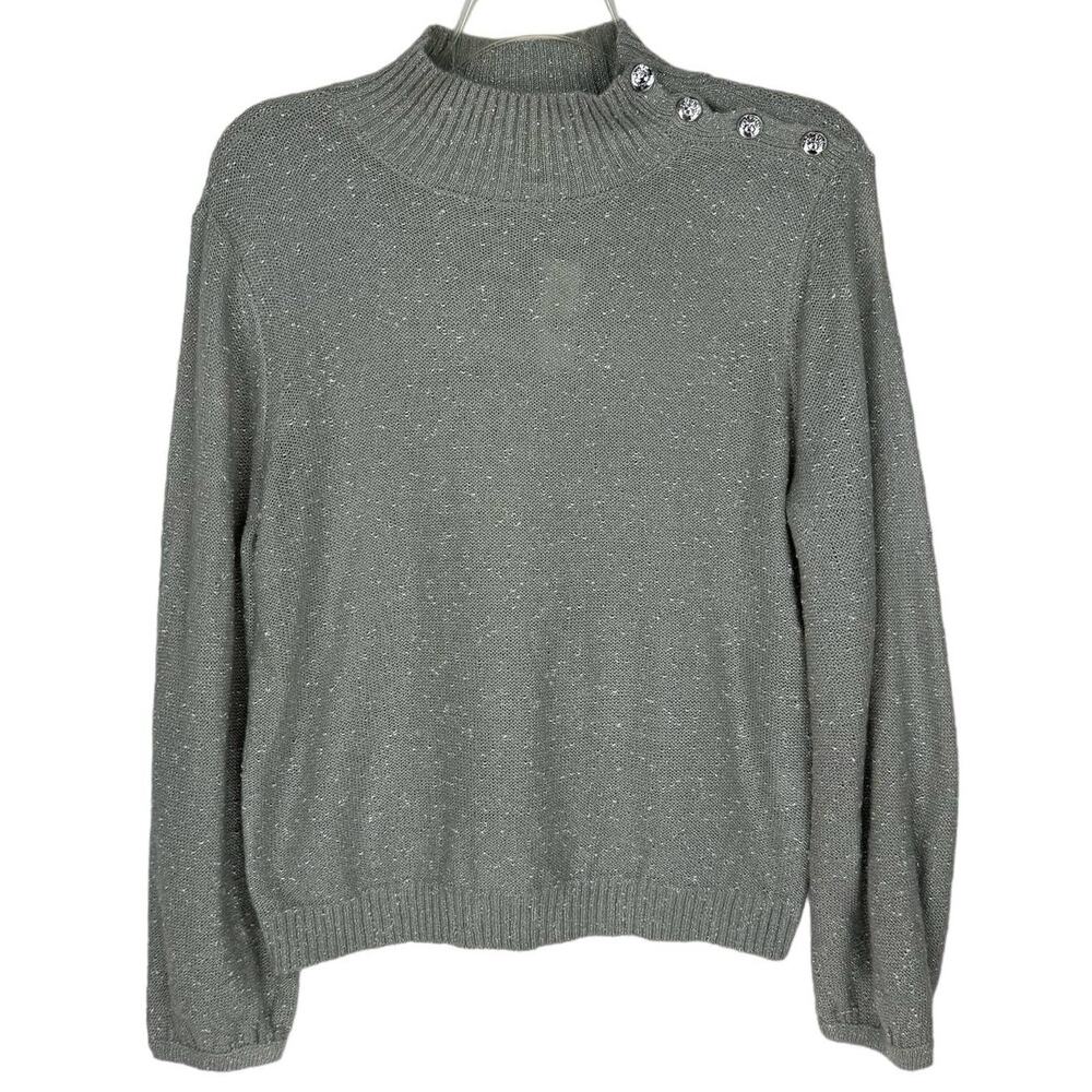 NWT NEW YORK & COMPANY | Gray Silver Metallic Gem Button Sweater | Women's Large